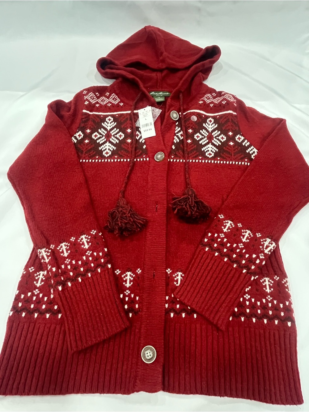 Eddie Bauer Red Hooded Fair Isle Cardigan Sweater